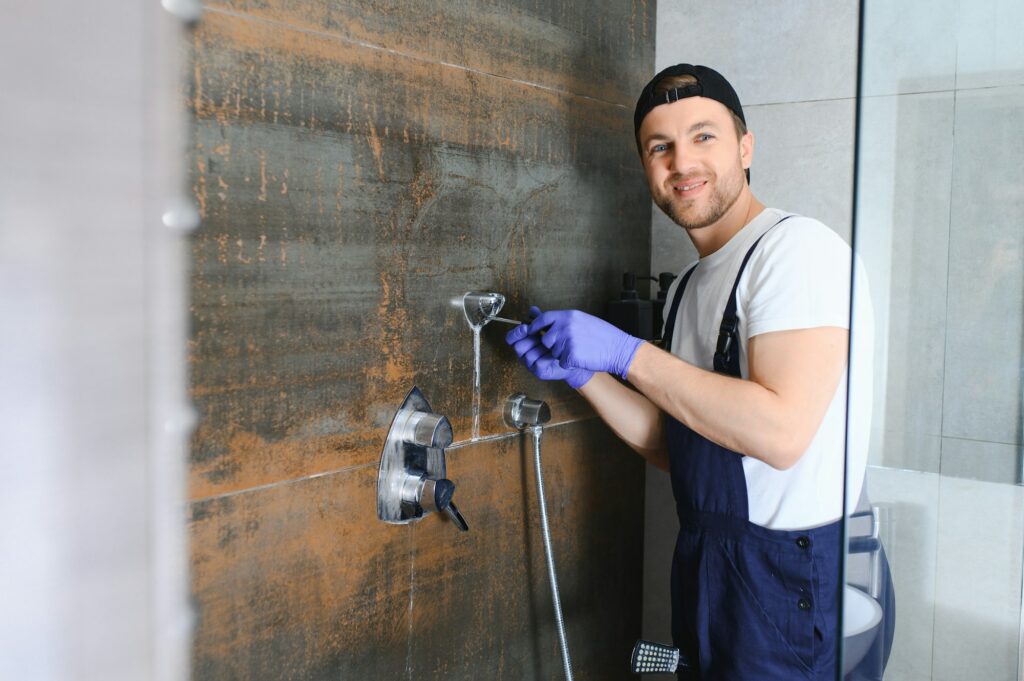 The worker is connecting the glass walls of the shower enclosure with a metal bar.